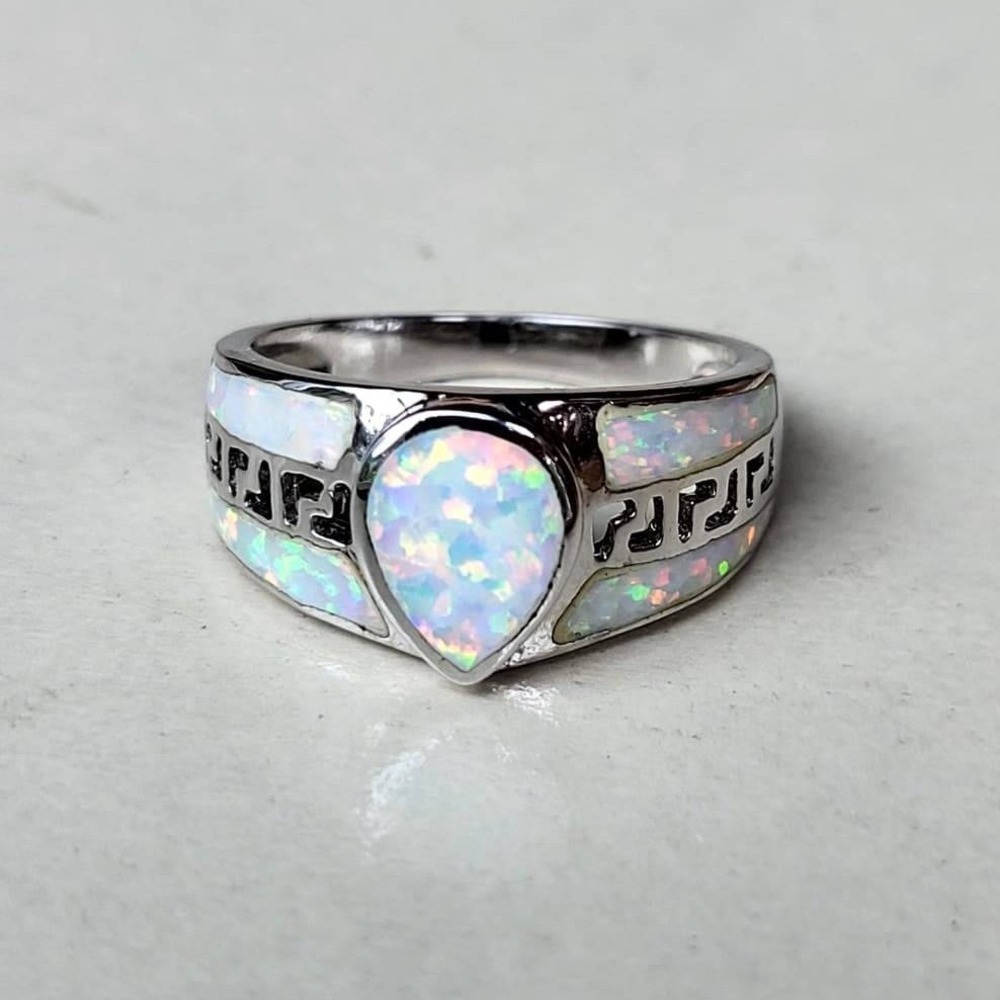 Vintage Silver Tone White Fire Opal Ring S 7 Pear Greek Key Inlay